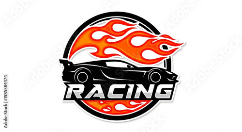 Black Sports Car with Flames and Racing Text Logo.