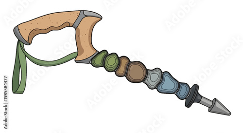 Decorative walking stick with ergonomic cork handle and segmented design in shades of green brown and blue isolated vector illustration