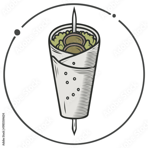 Illustration of a falafel wrap within a circular graphic design element.