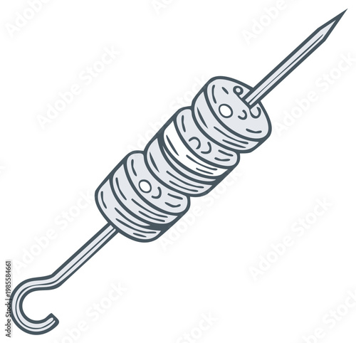 Simple hand drawn food skewer illustration depicting stacked slices for grilling and snacking