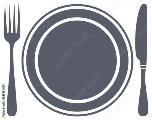 Simple Dark Gray Dinner Plate with Fork and Knife Ready for Meal Service