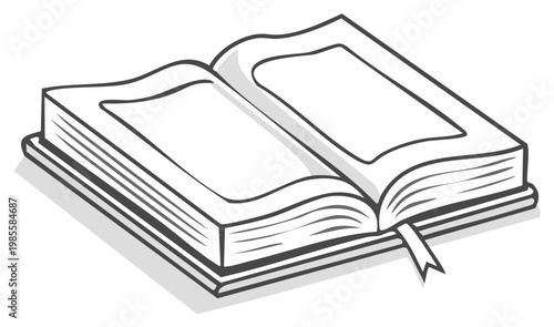 Open hardcover book with blank pages and a bookmark in a simple line art style.