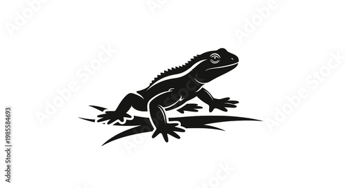 Detailed black vector illustration of a lizard on leaves showcasing reptile wildlife in a decorative isolated design perfect for nature and animal themes