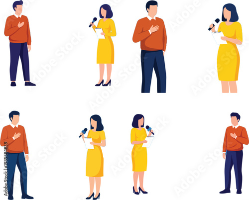 Professional news reporters and journalists set with microphone and clipboard for media broadcasting press conference television interview