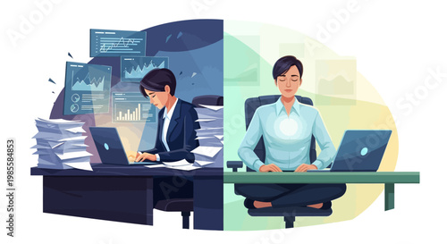 Conceptual vector illustration showing a businesswoman working intensely at a desk piled with papers contrasted with her meditating calmly at a clean desk, conveying balance and focus