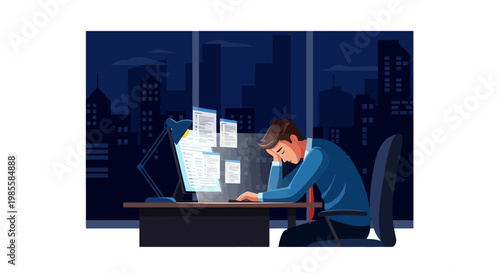 Illustration of a stressed businessman sitting at his desk with documents floating from his computer screen in a dark, modern office with a somber and frustrated mood, showcasing burnout