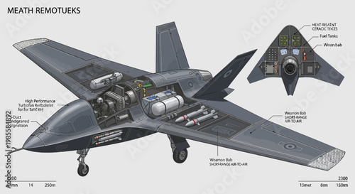 Detailed Cutaway Illustration of a Stealthy Futuristic Military Jet Showing Engine Cockpit and Weapon Systems in Technical Diagram Style