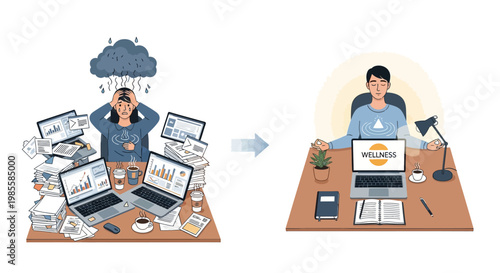 Conceptual illustration contrasting a stressed woman overwhelmed by paperwork with a calm man meditating at an organized desk, using a split composition and flat design to convey stress