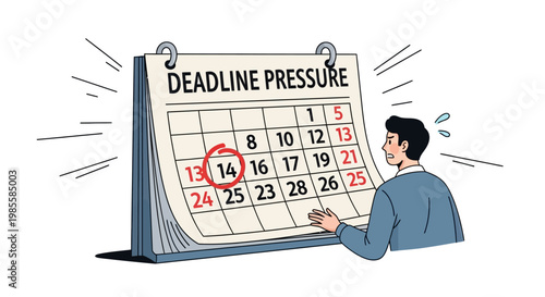Anxious businessman with sweat drops stands next to a large calendar with 'Deadline Pressure' text and a circled date, conveying a stressful mood against a white background
