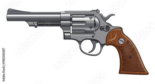 Fotografija Detailed illustration of a gray revolver with a wooden grip featuring a long bar