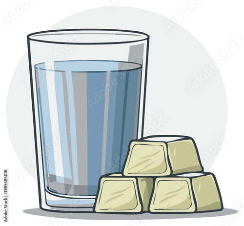Refreshing Glass of Water with Creamy Sweet Squares on a Light Background