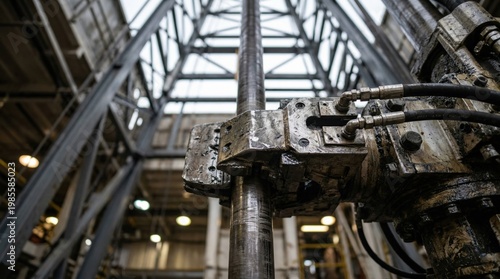 Automated iron roughneck machine connecting drill pipes on offshore oil rig. Heavy industrial equipment for modern petroleum energy sector-specific manufacturer technology.