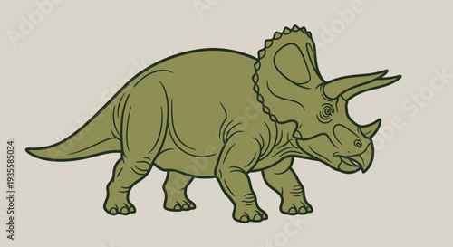 Detailed line art illustration of a green Triceratops dinosaur with frill horns and beak on a neutral background