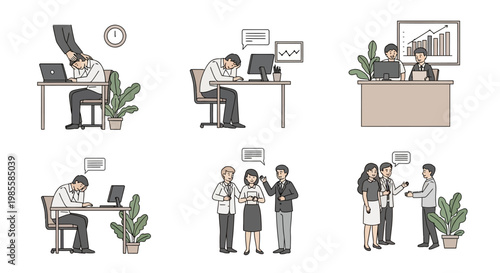 Collection of line-art illustrations showing various office scenarios, from individuals working at their desks to groups collaborating, against a white background with a clean, professional