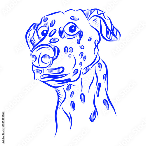 Hand drawn vector illustration of an adult dog s emotions, dog portrait, blue line art on a white background