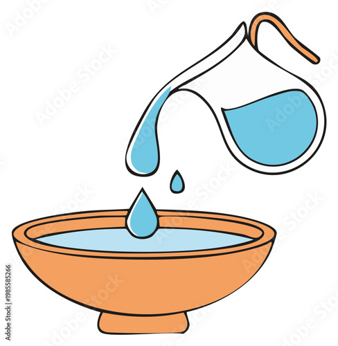 Pouring water into a decorative bowl with liquid drops falling