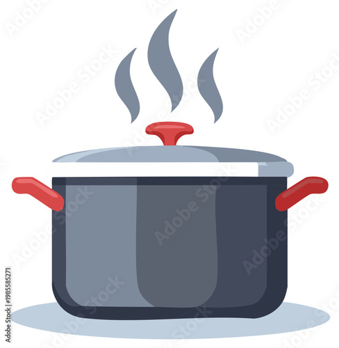 Dark gray cooking pot with a lid and red handles releasing steam kitchenware illustration