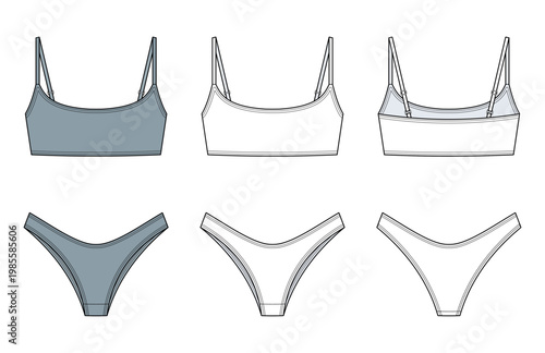 Scoop Neck Bralette Bikini Set technical fashion illustration. swimwear vector template. adjustable strap bikini top. high cut bottom. women beachwear. CAD mockup.