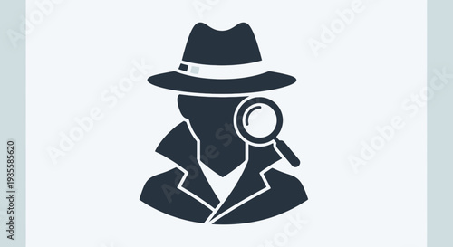 Detective silhouette with magnifying glass in investigation concept mysterious investigator in fedora searching for clues vector graphic