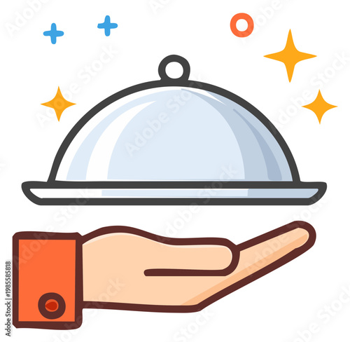 Hand serving silver platter with food cover and sparkling stars