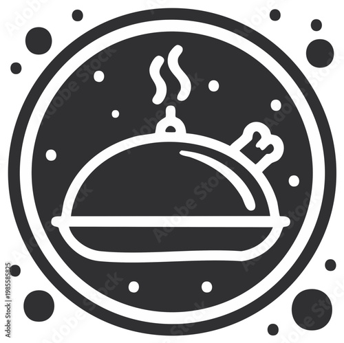 Black and white icon of a steaming covered serving dish with a roasted chicken leg graphic