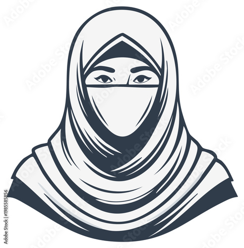 Stylized illustration of a woman wearing a hijab and face veil with visible eyes