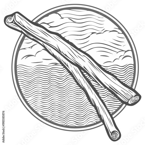 Detailed line art of two natural cinnamon sticks over abstract wavy water and cloudy sky background