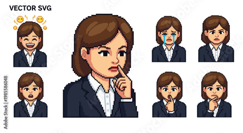 Pixel Art Business Woman Emotions Set: Happy, Sad, Angry, Thinking, Shushing