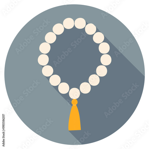 Icon of Buddhist rosary with beads and orange tassel, graphic design illustration