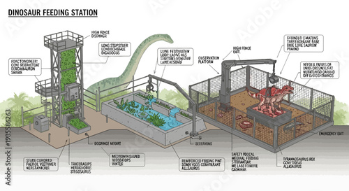 Dinosaur feeding station illustration: long neck sauropods meat eating theropods safety enclosure herbivore station moat educational diagram
