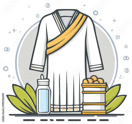 Islamic pilgrimage essentials with Ihram clothing Zamzam water and dates vector illustration