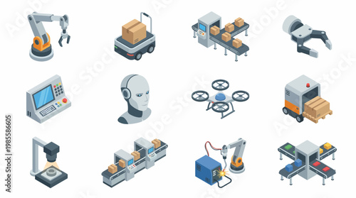 Isometric 3D icon set of industrial robots and automated machinery in a factory