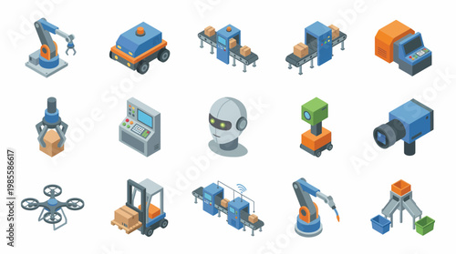 Isometric 3D icon set of industrial robots and machinery in a factory environment
