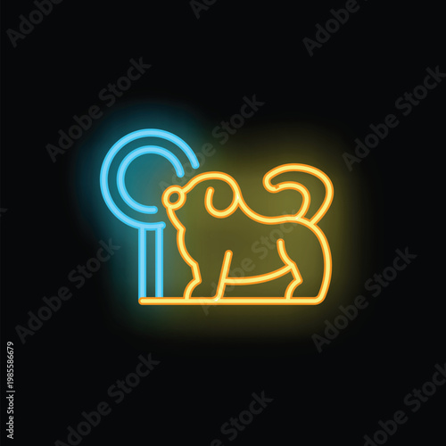 Neon sign illustration of a dog standing by a fire hydrant on a black background
