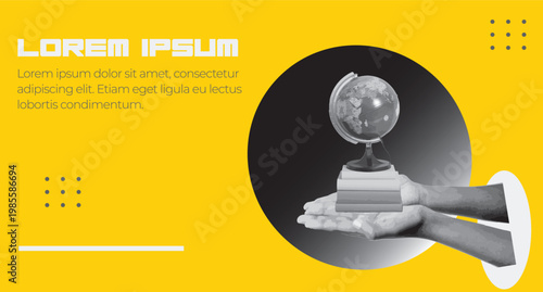Digital composite of Hand holding globe against black and yellow background with copy space
