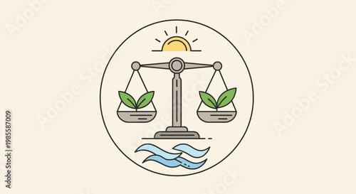 Ecological balance vector illustration depicting plants in scales symbolizing nature sustainability and environmental equilibrium in beige circle