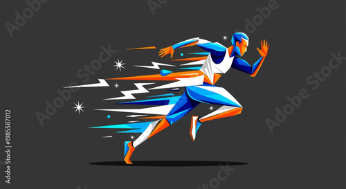 Dynamic runner in motion illustration featuring polygonal shapes and speed trails with orange white and blue color accents on a gray backdrop