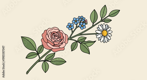 Elegant floral arrangement featuring a peach rose blue forget-me-nots and a white daisy on a light background crafted in a charming illustrative style