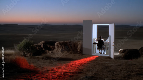 Surreal landscape open field night sky glowing doorway red light computer desk remote work creative concept digital art solitude