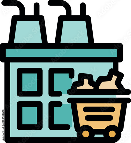 Mining cart transporting extracted material from industrial building, symbolizing resource gathering and industrial processes