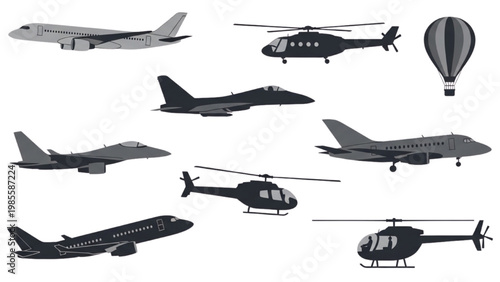 Vector 2D CAD drawings showcase various aircraft and helicopter designs
