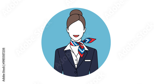 Faceless flight attendant in navy suit with colorful scarf on light blue circle backdrop—professional airline stewardess vector illustration