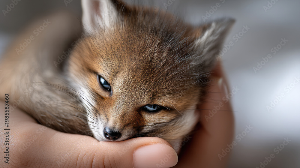 Obraz premium Fox cub animal wildlife fur closeup mammal baby nature eye hand care portrait pet soft wild young adorable outdoor face ear whisker brown cute resting sleepy relax calm gentle friendly rescue