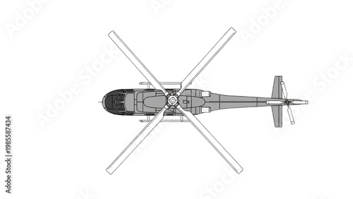 Vector 2D CAD drawing of helicopter rotor blades and tail section
