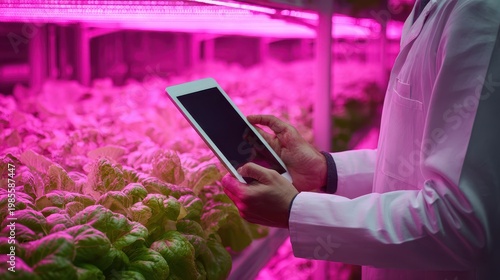 Scientist in white lab coat examining healthy green plants growing under bright pink LED lights in a modern hydroponic farm holding a digital tablet with a blank screen for data input