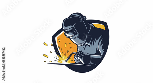 Welder working with torch creating sparks inside a shield emblem