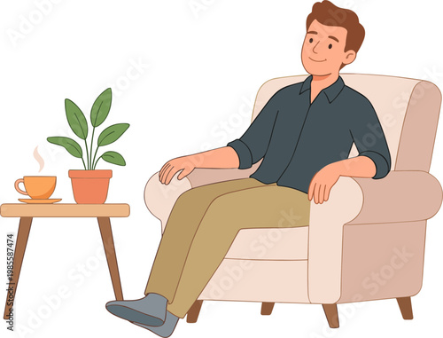 Man sitting on a chair relaxing with a cup of coffee and a plant nearby indoors