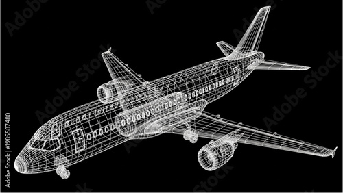 Vector 2D CAD drawing of airplane in flight with wings and engines.