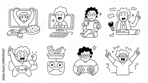 Collection of hand-drawn vector illustrations depicting people playing video games celebrating wins and enjoying online entertainment perfect for gaming blogs and app interfaces