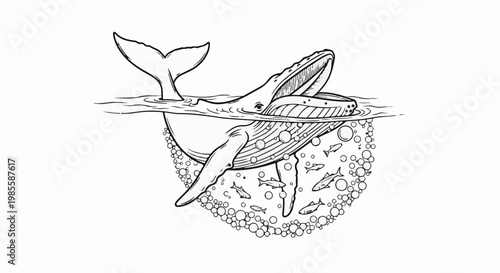 Whale breaching ocean surface, exhaling bubbles, surrounded by fish